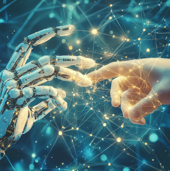 a human hand and a robotic hand working together